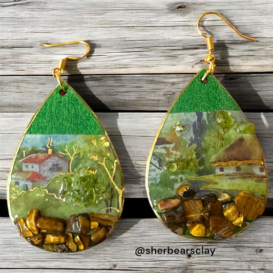 Mixed Media Wood Earrings with Stone Chips Tutorial By Sherbears Clay