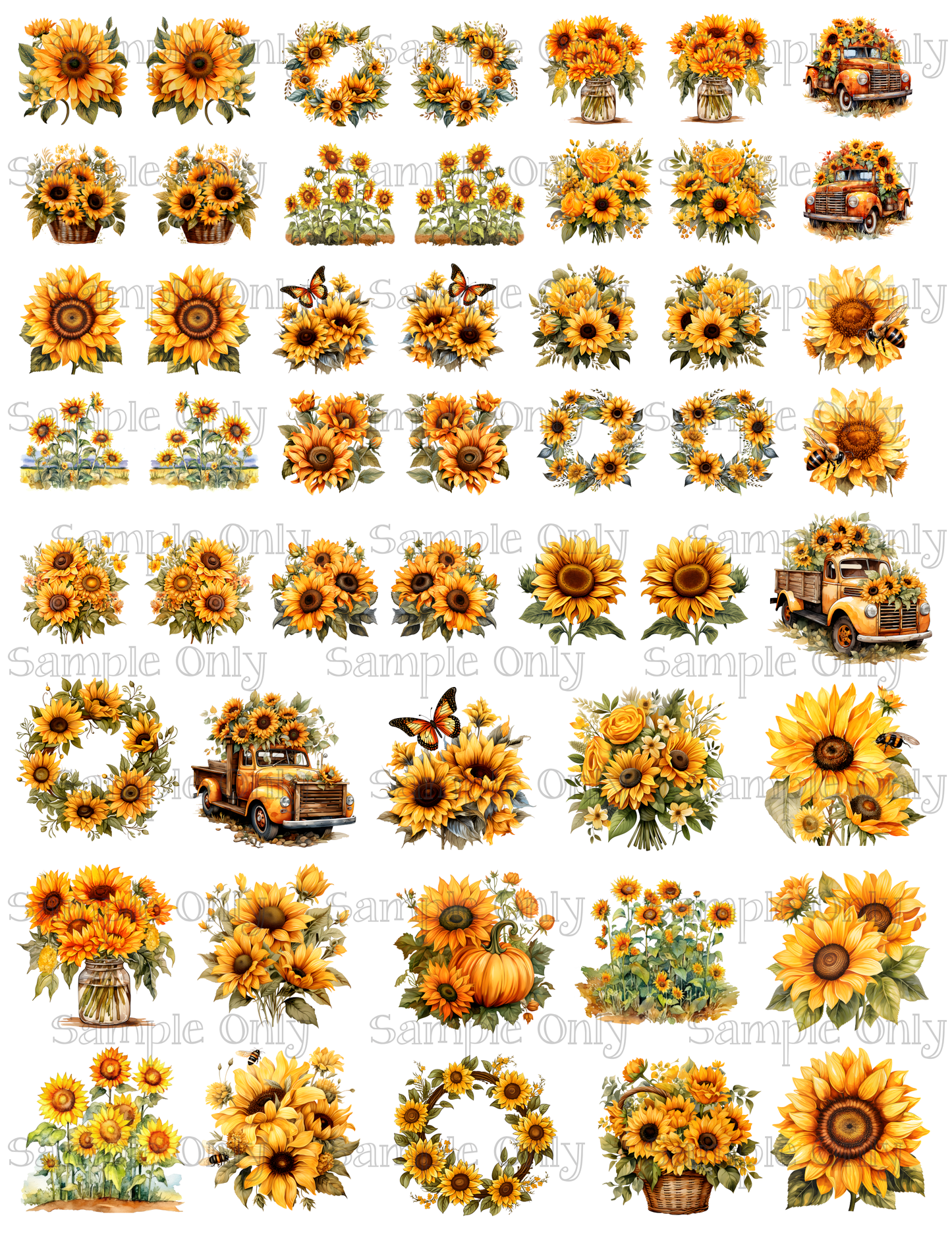 1 - 1.5 Inch Sunflower Floral Image Sheet For Polymer Clay Transfer Decal DIGITAL FILE OR PRINTED
