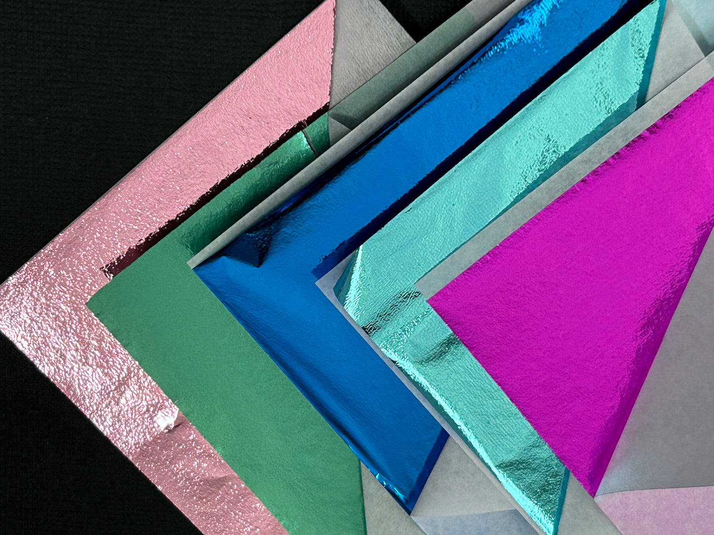 25 Sheets Of Metal Foil Leaf Sheets Spring Brights Fuchsia Sky Blue Green Deep Blue Lt Pink