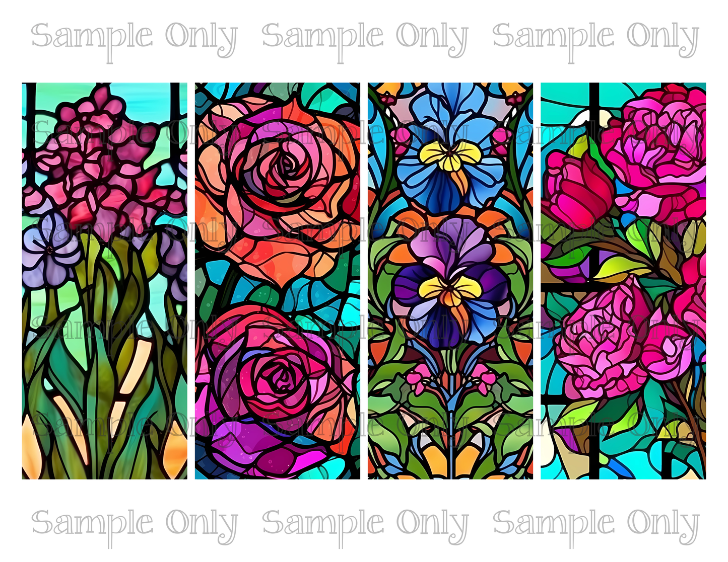 2.5 x 6 Inch Stained Glass Colorful Spring Flowers Set 07 Image Sheet For Polymer Clay Transfer Decal DIGITAL FILE OR PRINTED