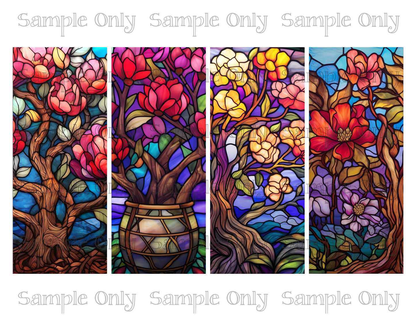 2.5 x 6 Inch Stained Glass Flowering Tree Set 02 Image Sheet For Polymer Clay Transfer Decal DIGITAL FILE OR PRINTED