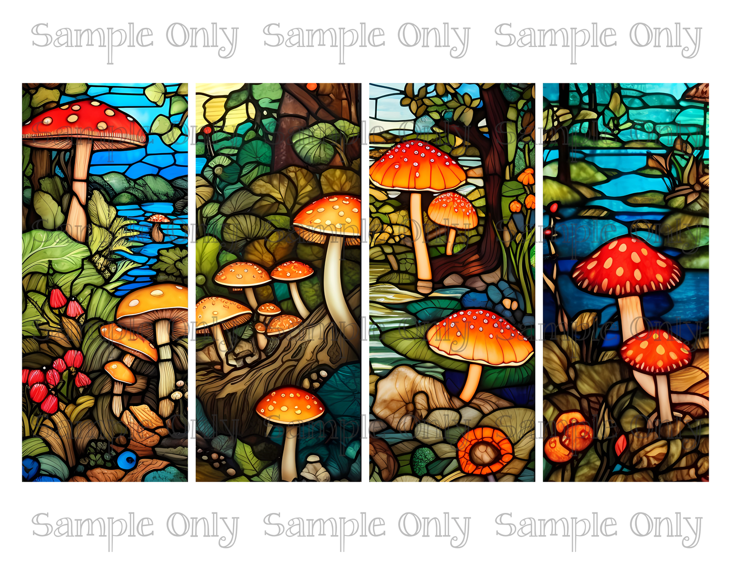 2.5 x 6 Inch Stained Glass Fantasy Mushroom Scenes Image Sheet For Polymer Clay Transfer Decal DIGITAL FILE OR PRINTED