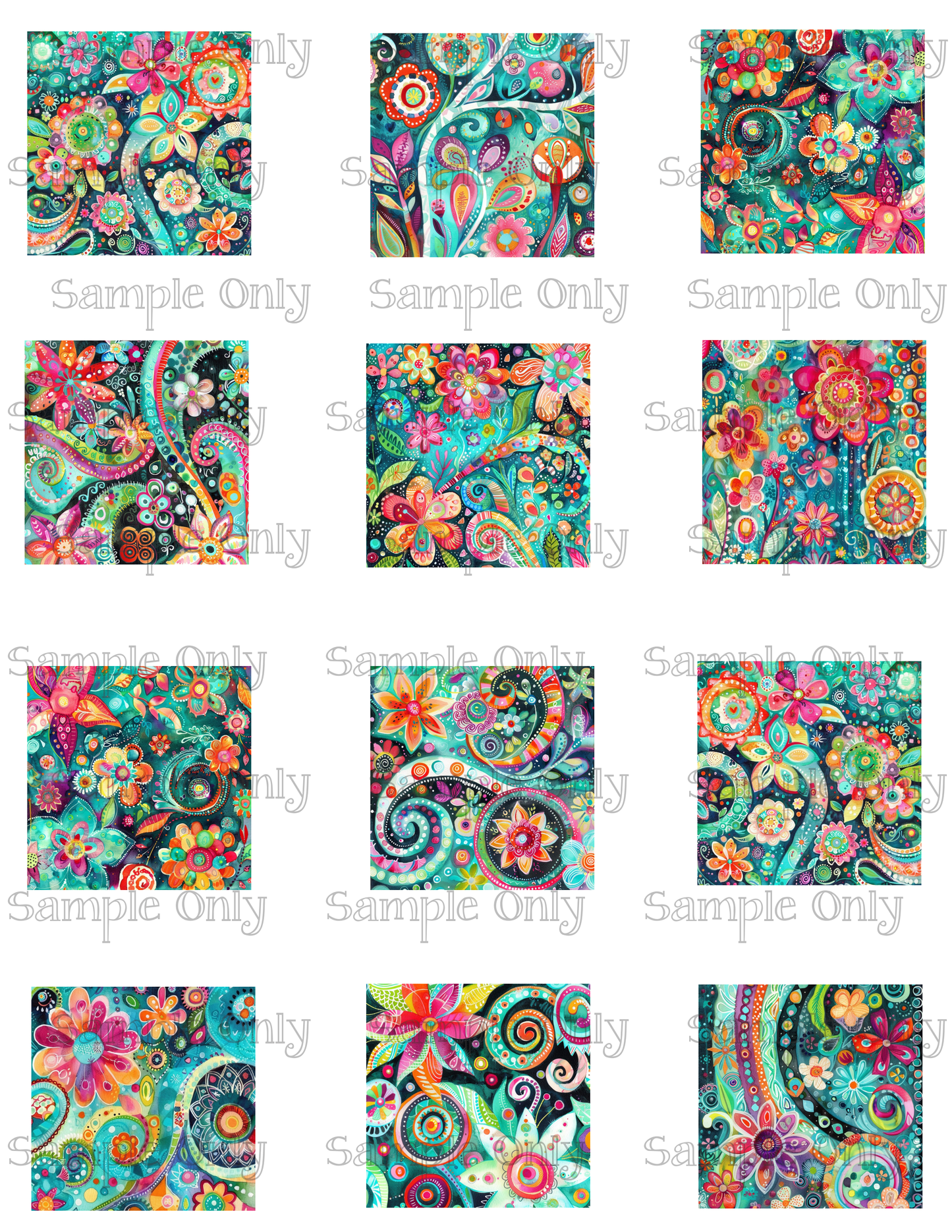 2 Inch Colorful Folksy Flowers Image Sheet For Polymer Clay Transfer Decal DIGITAL FILE OR PRINTED