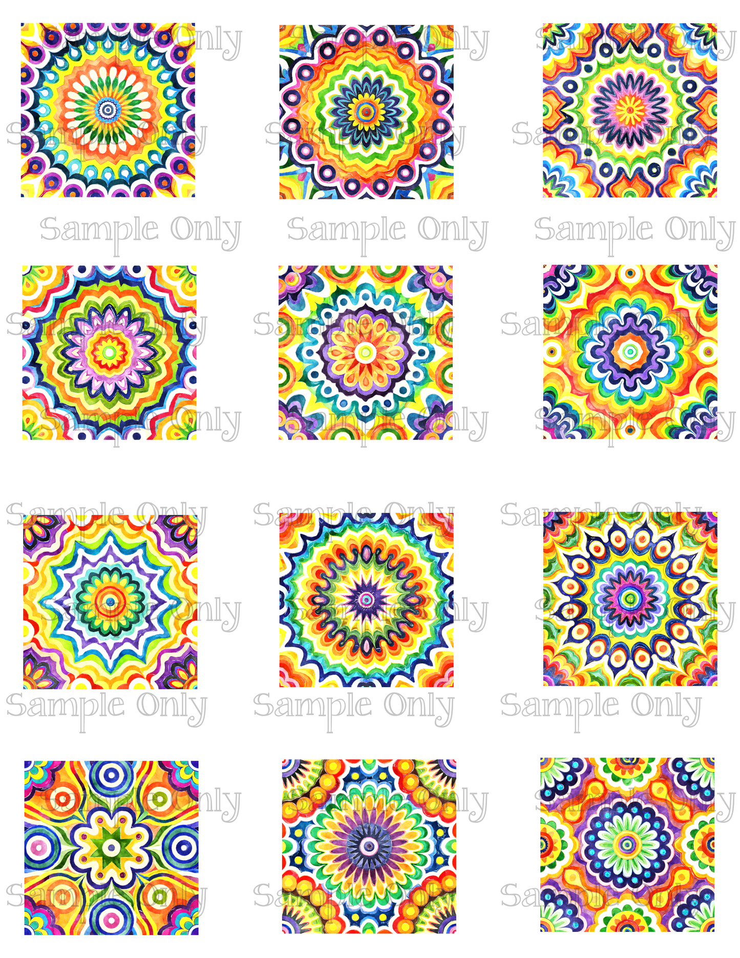 2 Inch Funky Bright Mandala Flower Image Sheet For Polymer Clay Transfer Decal DIGITAL FILE OR PRINTED