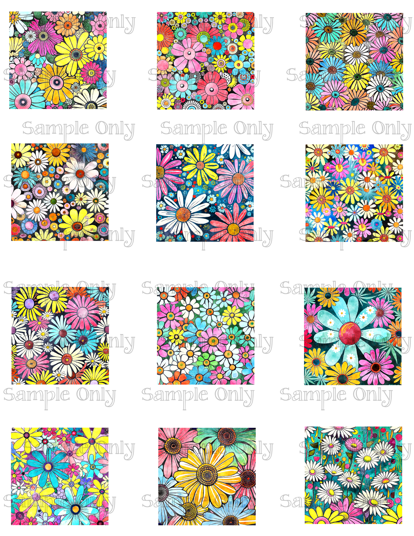 2 Inch Funky Retro Daisy Meadow Set-01 Image Sheet For Polymer Clay Transfer Decal DIGITAL FILE OR PRINTED