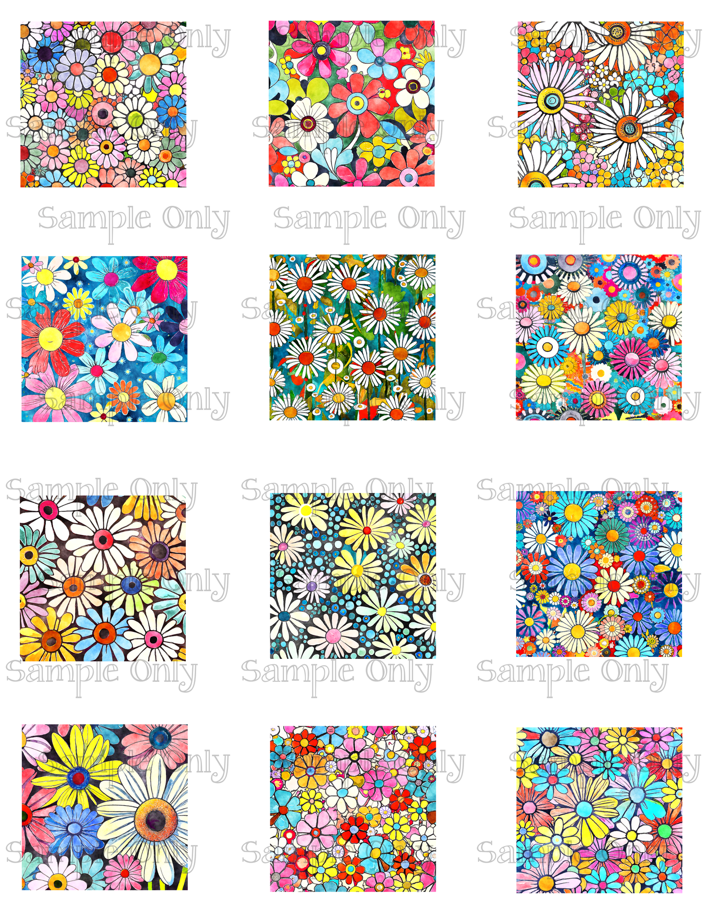 2 Inch Funky Retro Daisy Meadow Set-02 Image Sheet For Polymer Clay Transfer Decal DIGITAL FILE OR PRINTED