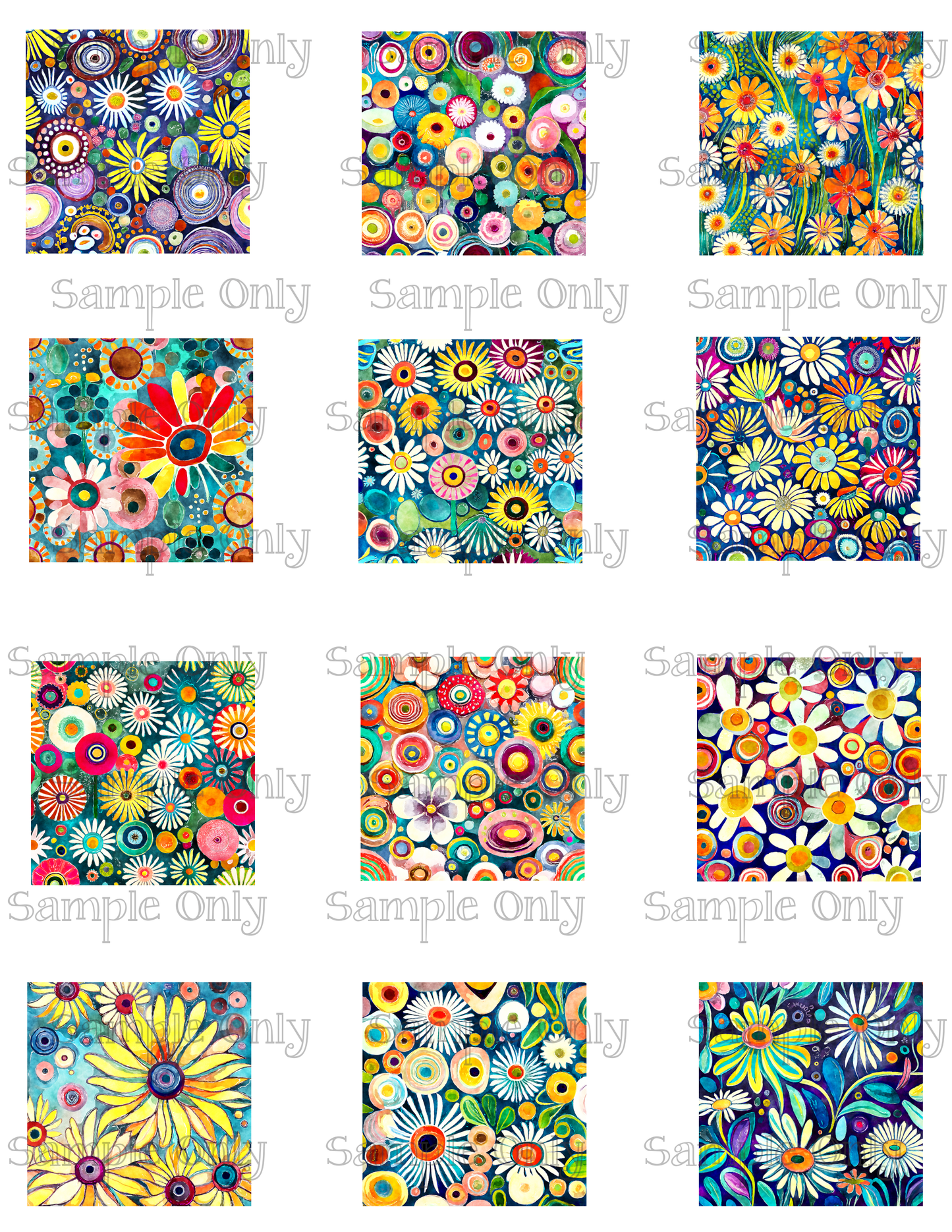 2 Inch Funky Retro Daisy Meadow Set-03 Image Sheet For Polymer Clay Transfer Decal DIGITAL FILE OR PRINTED