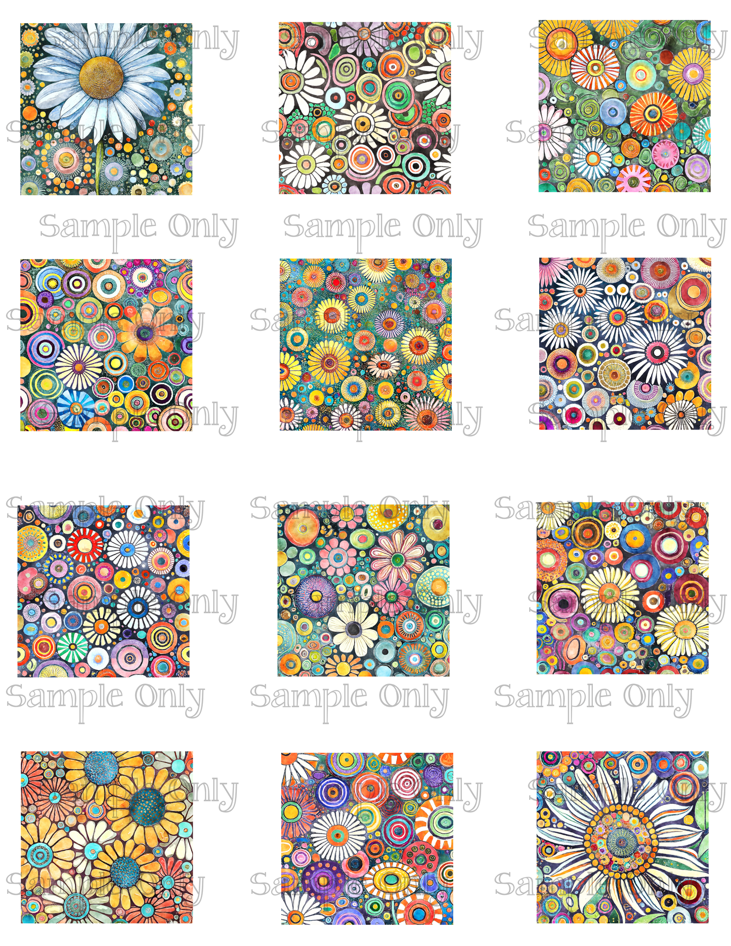 2 Inch Funky Retro Daisy Meadow Set-04 Image Sheet For Polymer Clay Transfer Decal DIGITAL FILE OR PRINTED