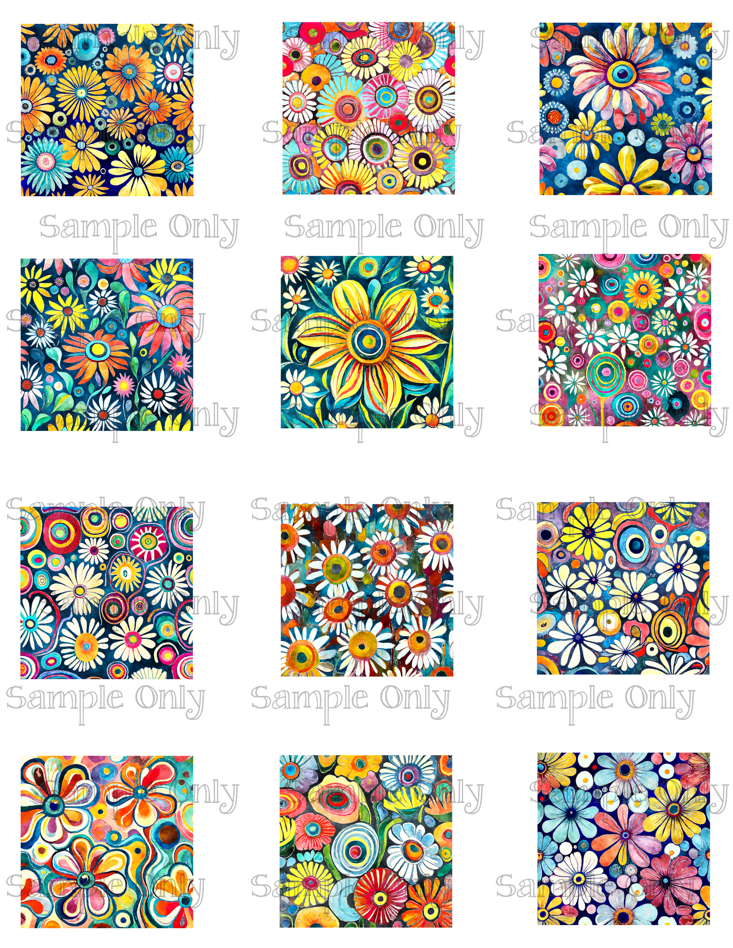 2 Inch Funky Retro Daisy Meadow Set-05 Image Sheet For Polymer Clay Transfer Decal DIGITAL FILE OR PRINTED