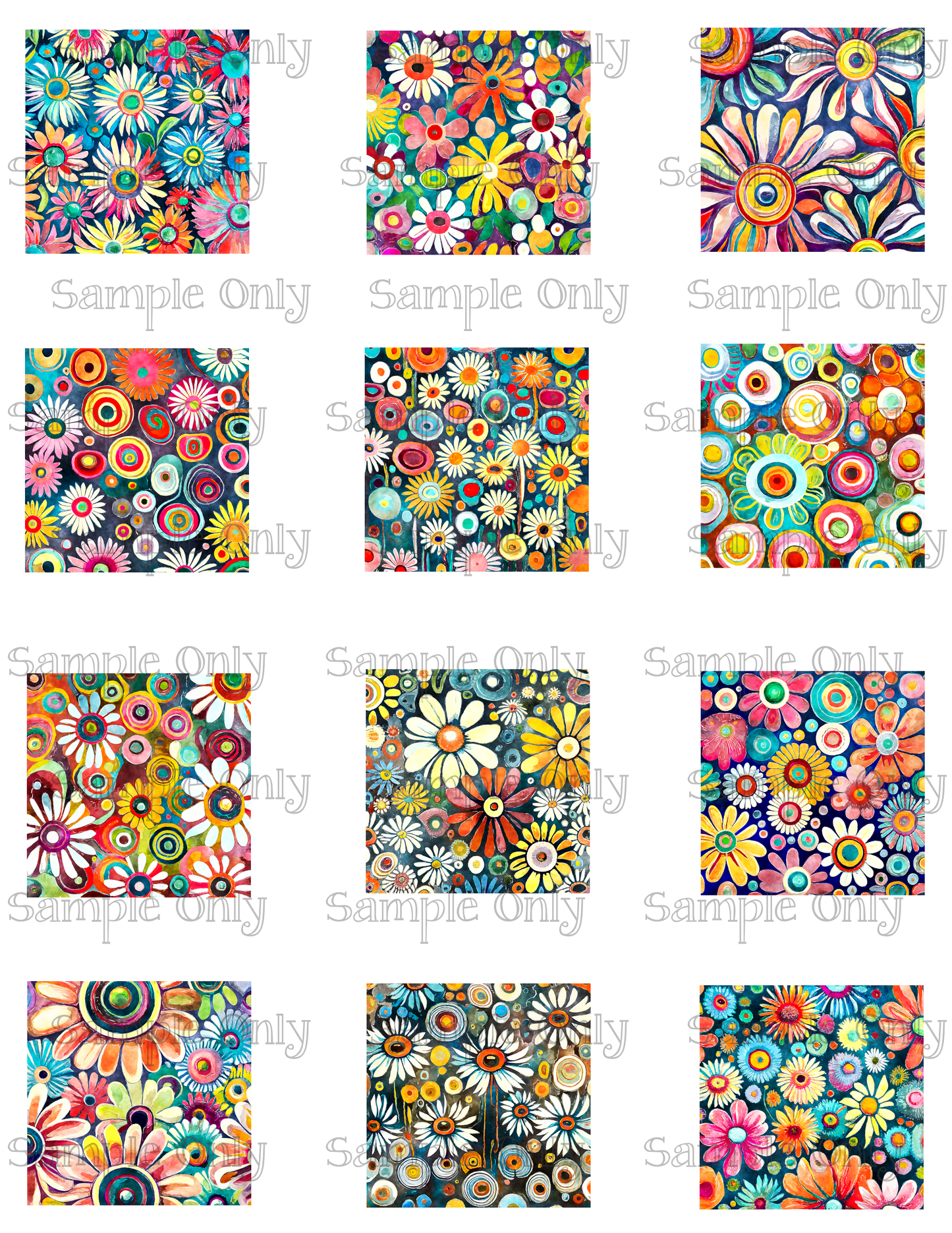 2 Inch Funky Retro Daisy Meadow Set-06 Image Sheet For Polymer Clay Transfer Decal DIGITAL FILE OR PRINTED
