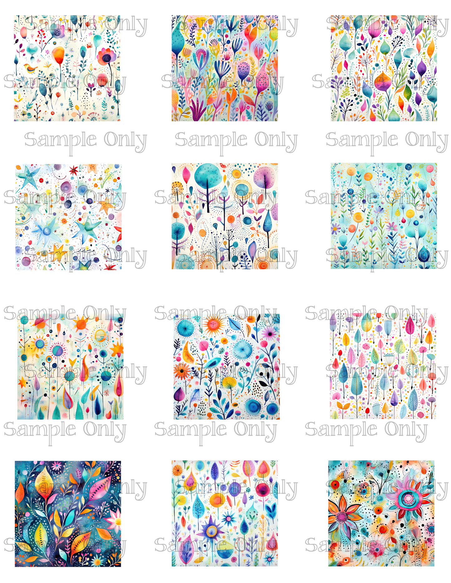 2 Inch Whimsical Abstract Flowers Image Sheet For Polymer Clay Transfer Decal DIGITAL FILE OR PRINTED
