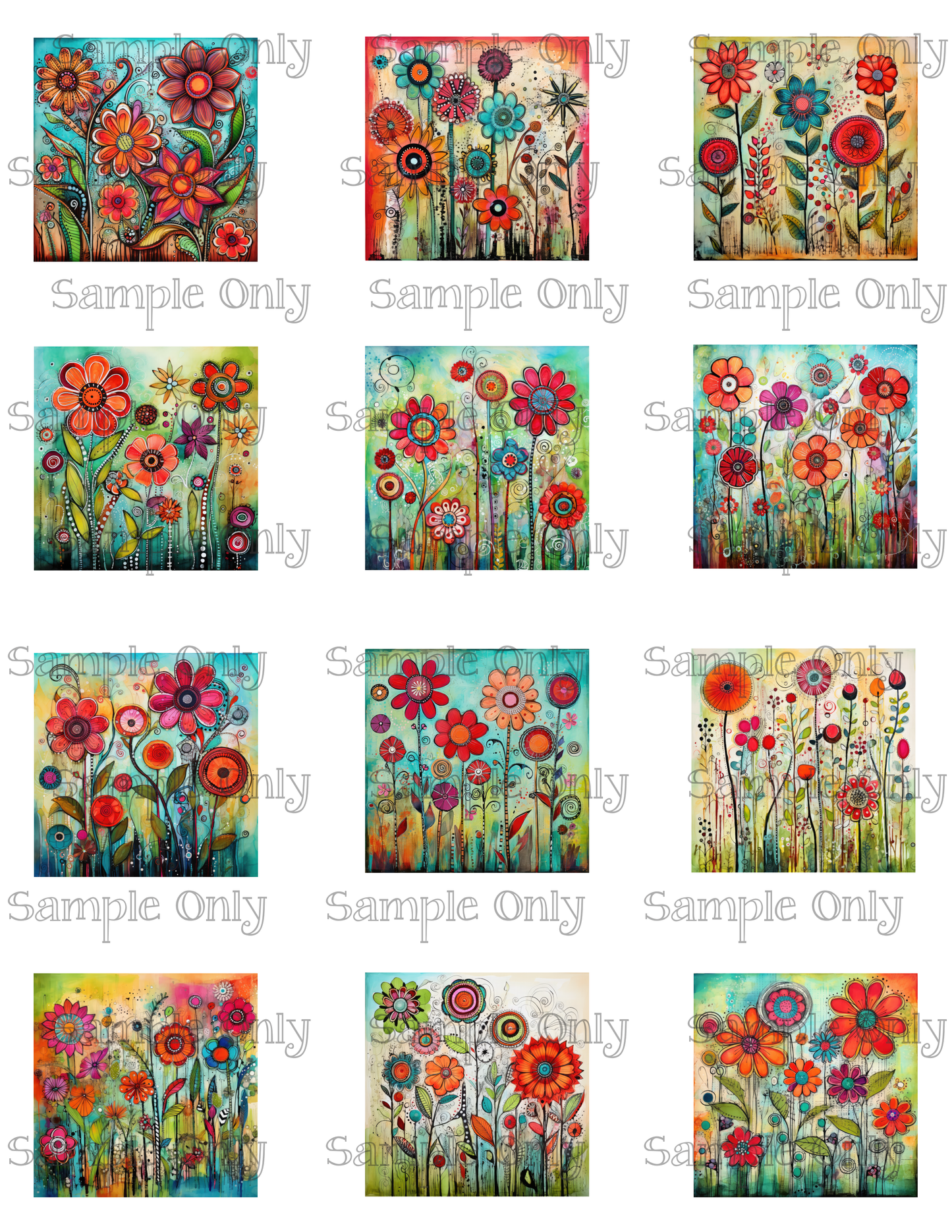 2 Inch Whimsy Folk Flowers Image Sheet For Polymer Clay Transfer Decal DIGITAL FILE OR PRINTED