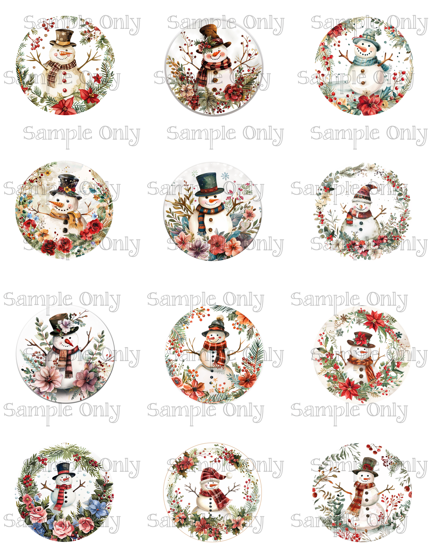 2 Inch Round Floral Snowman Image Sheet For Polymer Clay Transfer Decal DIGITAL FILE OR PRINTED