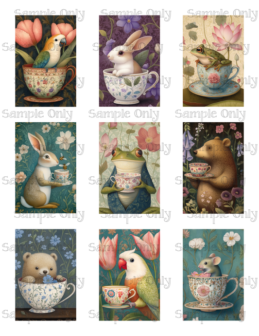 2x3 Inch Animal Tea Party Whimsical Water Soluble Image Transfer Sheet For Polymer Clay Transfer Decal PRINTED