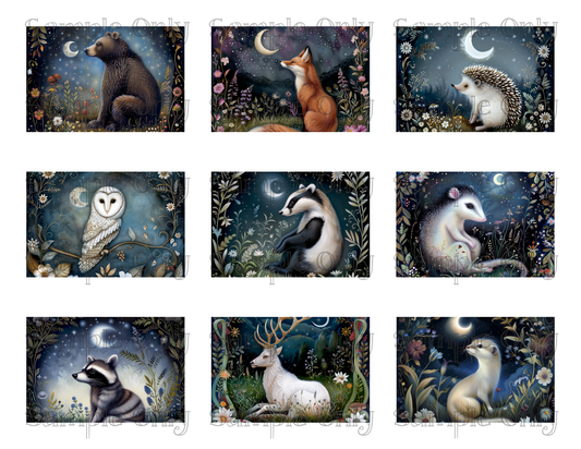 2x3 Inch Moonlit Woodland Animals Water Soluble Image Transfer Sheet For Polymer Clay Transfer Decal PRINTED