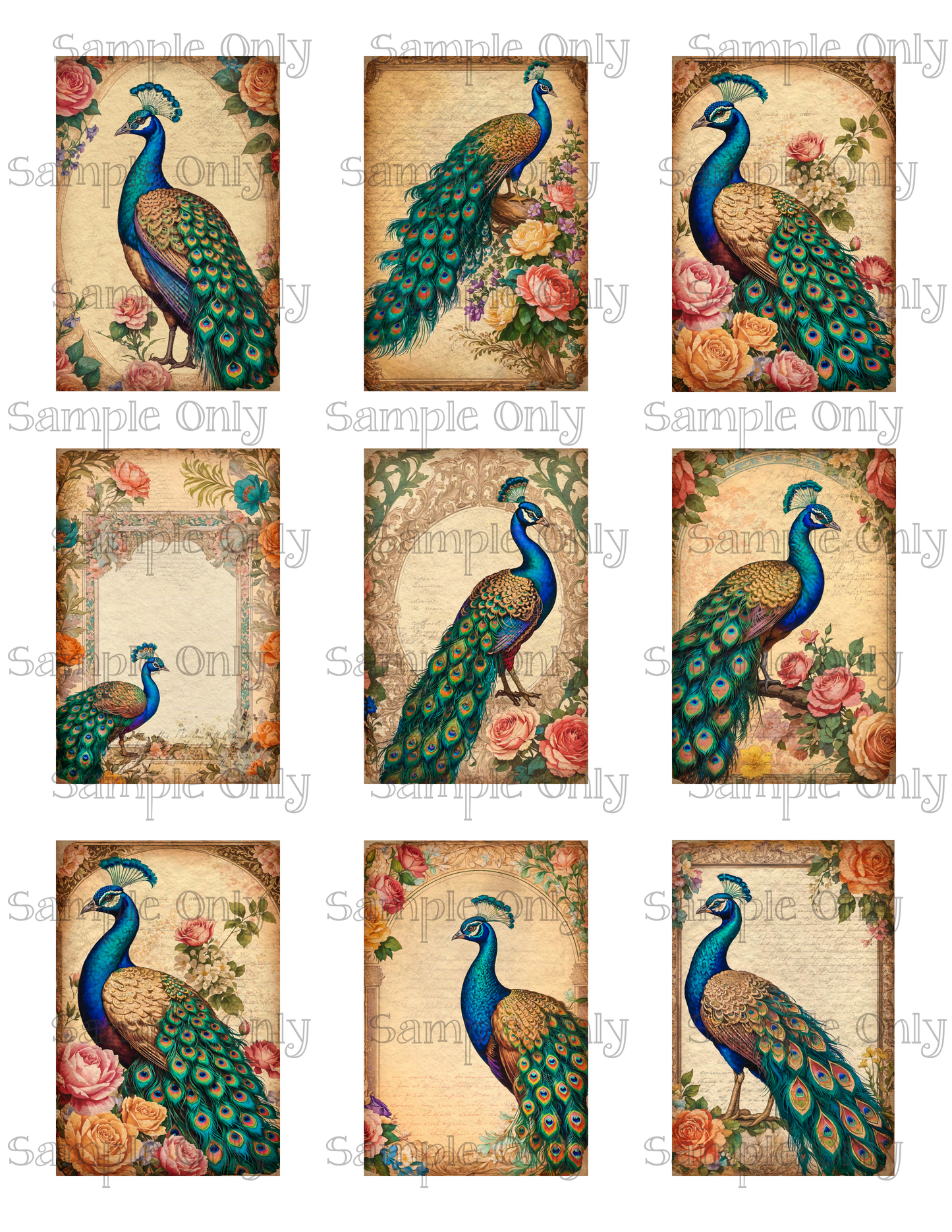2x3 Inch Peacock and Roses Water Soluble Image Transfer Sheet For Polymer Clay Transfer Decal PRINTED
