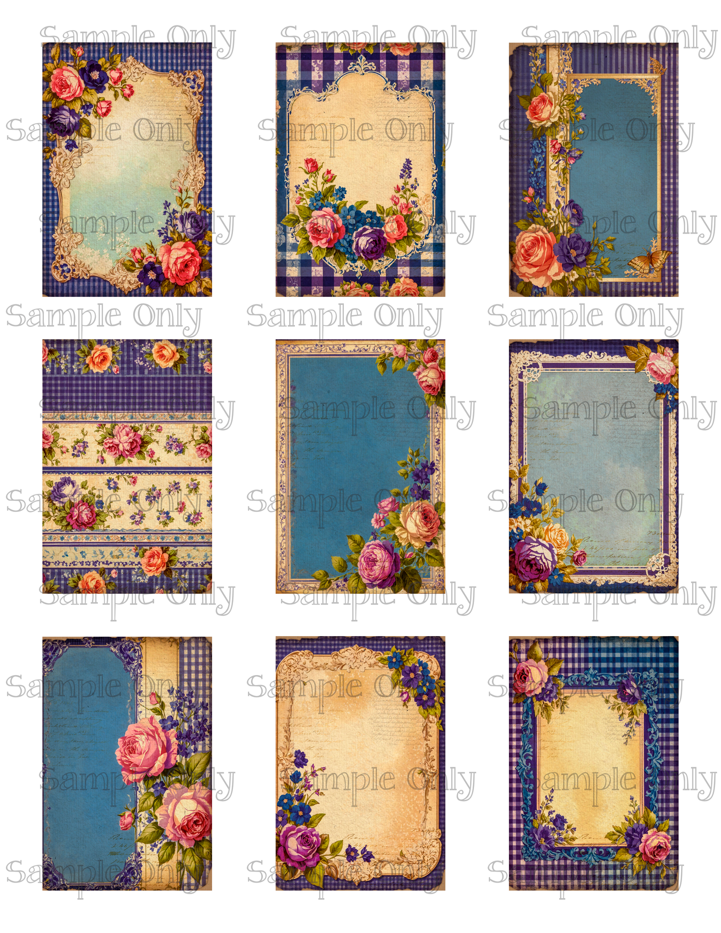 2x3 Inch Shabby Floral Violet and Blue Flowers Image Sheet For Polymer Clay Transfer Decal DIGITAL FILE OR PRINTED