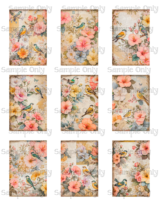 2x3 Inch Spring Floral Birds Water Soluble Image Transfer Sheet For Polymer Clay Transfer Decal PRINTED