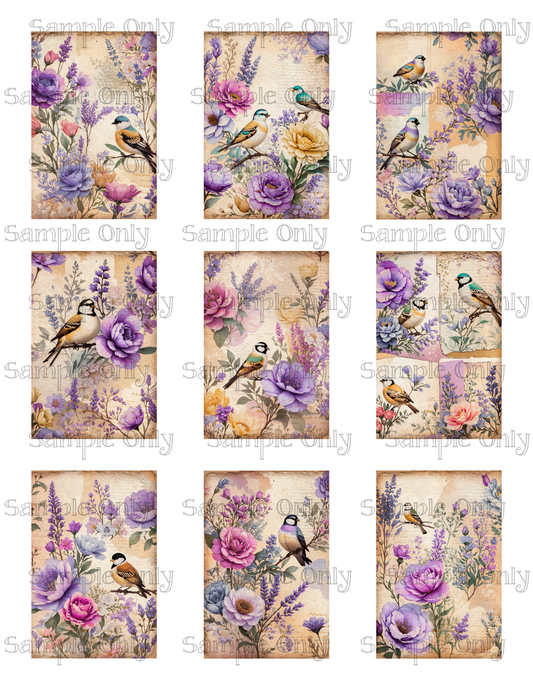 2x3 Inch Lilac Floral Birds Water Soluble Image Transfer Sheet For Polymer Clay Transfer Decal PRINTED