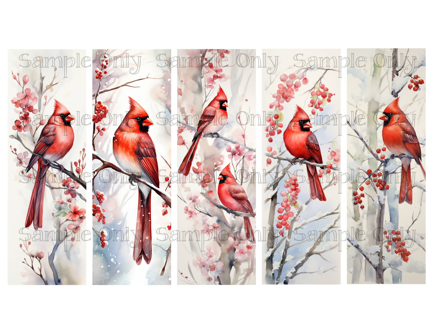 Winter Cardinal Birds Bookmark Set 02 Printed Water Soluble Image Transfer Sheet For Polymer Clay