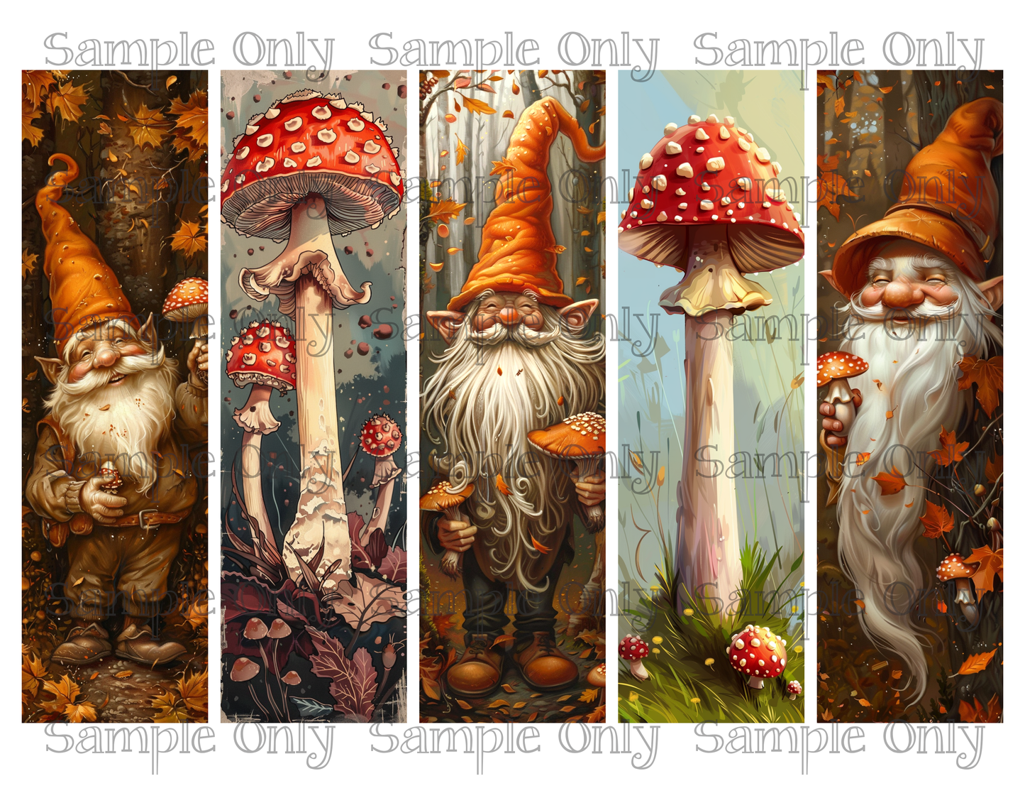 Autumn Gnome and Mushroom Long Bookmark Printed Water Soluble Image Transfer Sheet For Polymer Clay