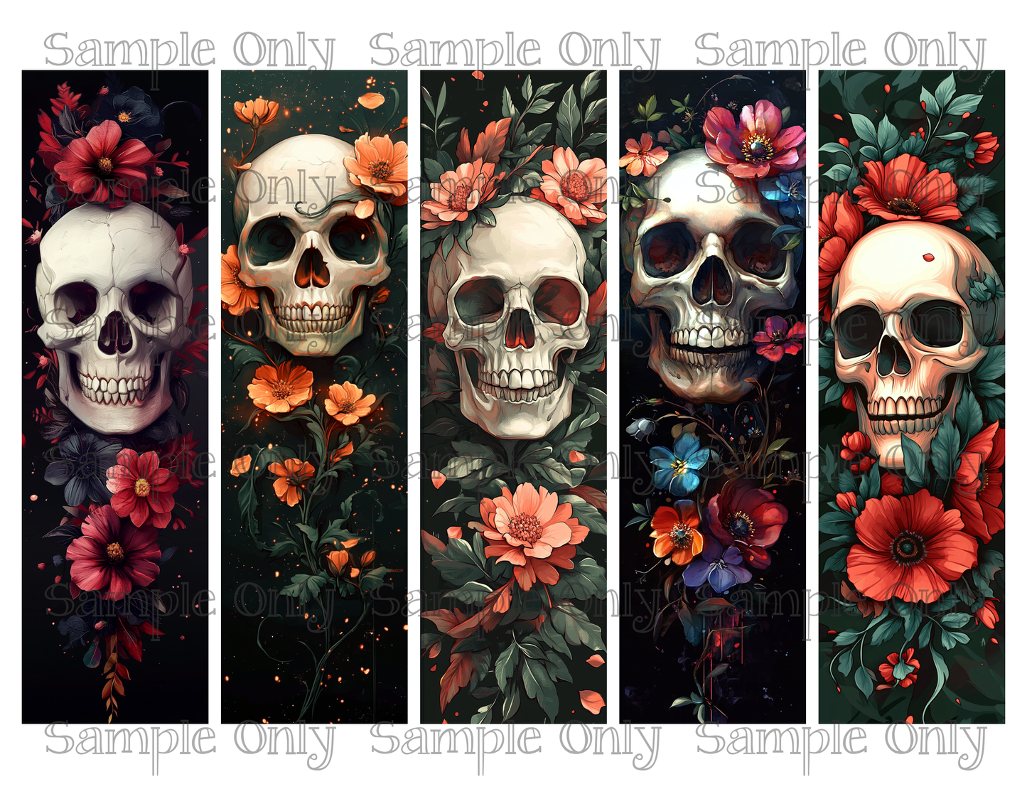 Gothic Floral Skull Long Bookmark Printed Water Soluble Image Transfer Sheet For Polymer Clay