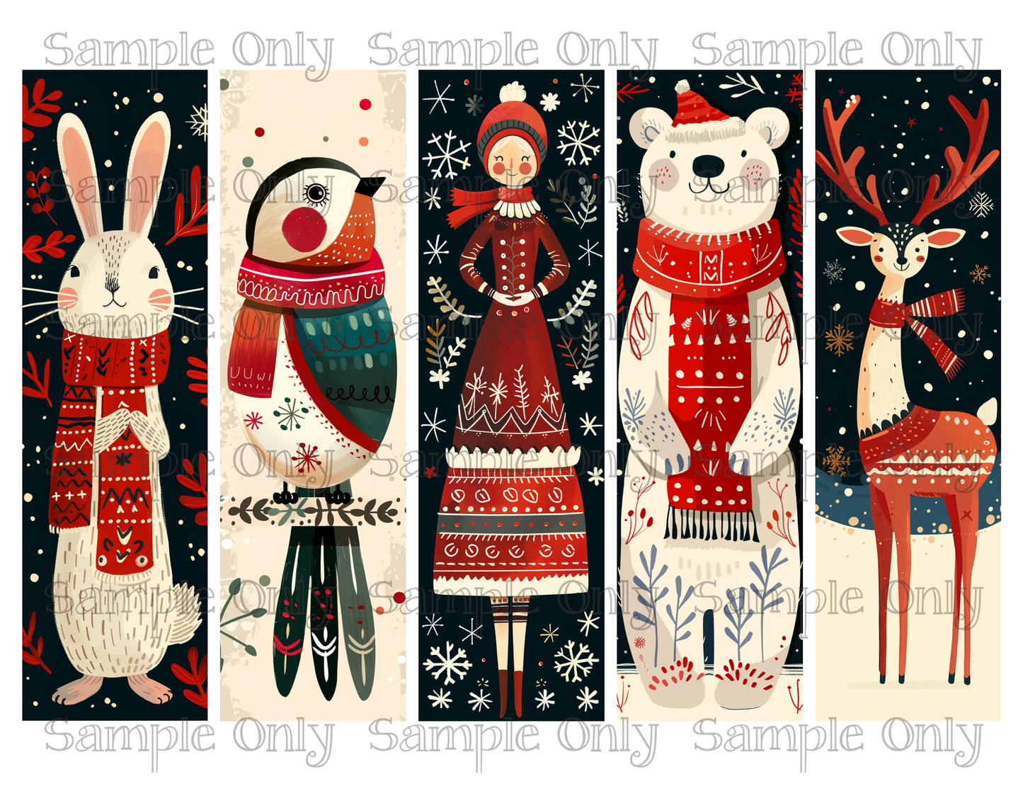 Winter Folk Art Animals Set 2 Long Bookmark Printed Water Soluble Image Transfer Sheet For Polymer Clay