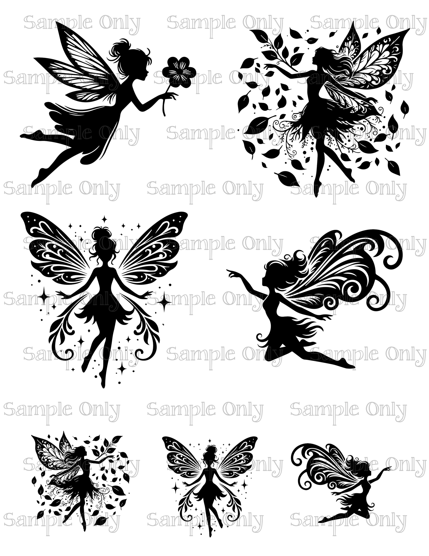 3.5 Inch Fairy Silhouette Set-02 Image Sheet For Polymer Clay Transfer Decal DIGITAL FILE OR PRINTED