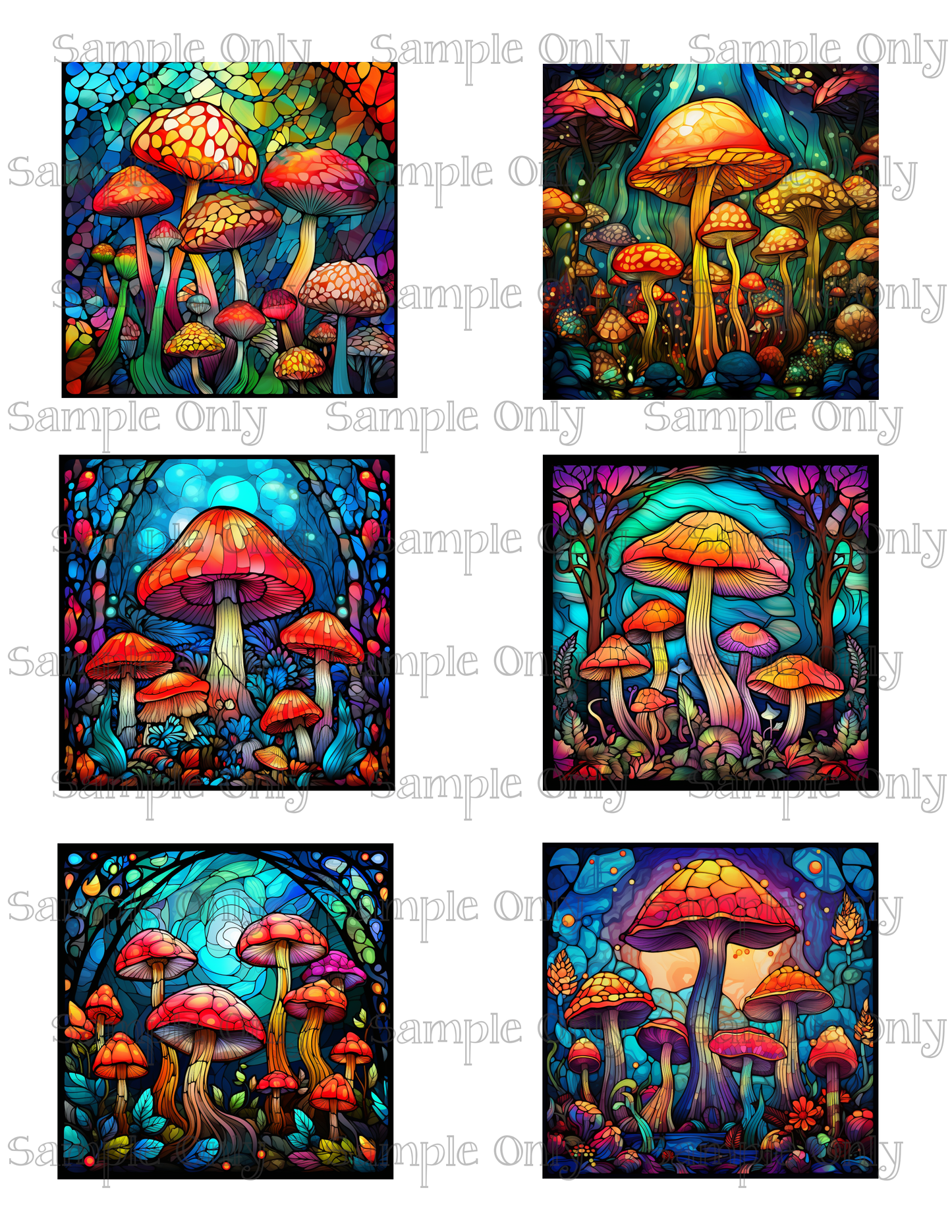 3 Inch Stained Glass Fantasy Mushroom Set 03 Image Transfer Sheet For Polymer Clay