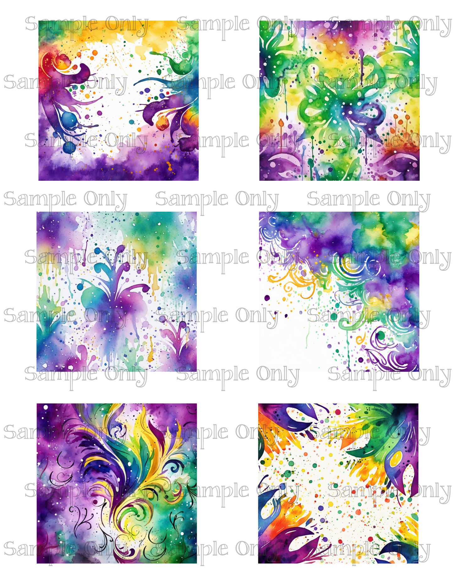 3 Inch Watercolor Mardi Gras Image Sheet For Polymer Clay Transfer Decal DIGITAL FILE OR PRINTED