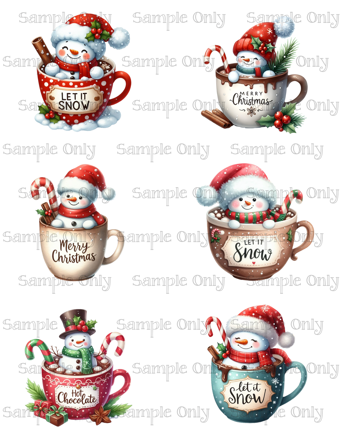 3 Inch Snowman Hot Chocolate Image Sheet For Polymer Clay Transfer Decal DIGITAL FILE OR PRINTED
