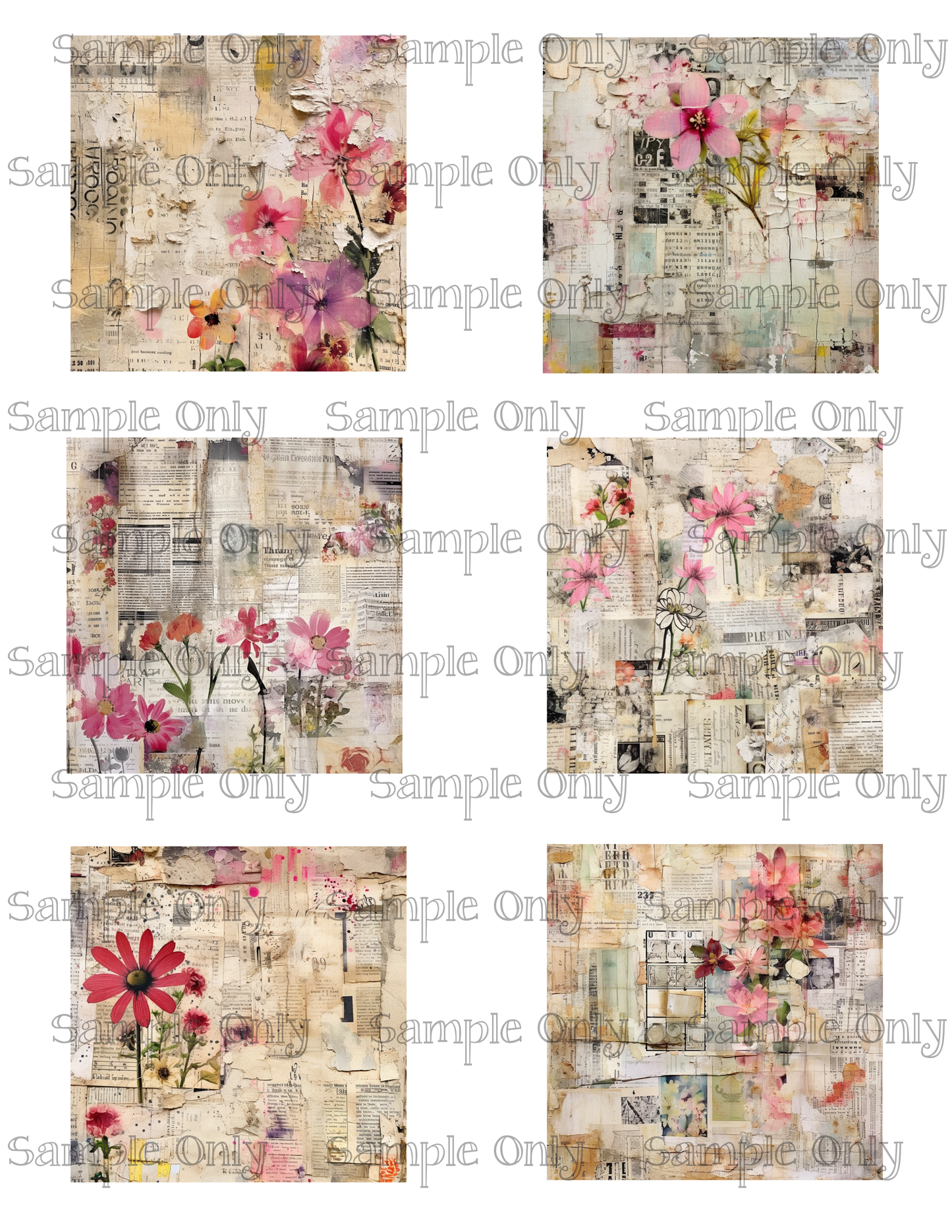 3 Inch Vintage Pink Grunge Floral Journal Set-1 Image Transfer Sheet For Polymer Clay