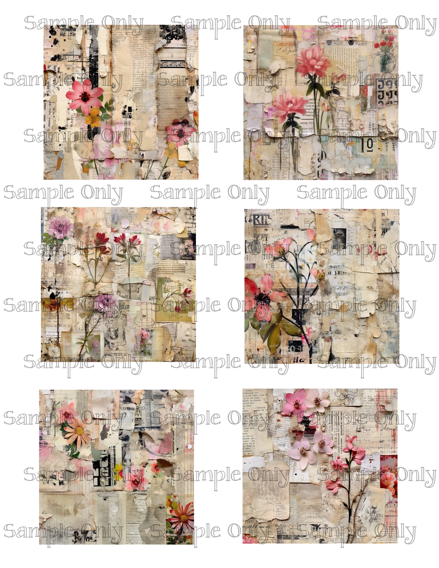 3 Inch Vintage Pink Grunge Floral Journal Set-2 Image Transfer Sheet For Polymer Clay