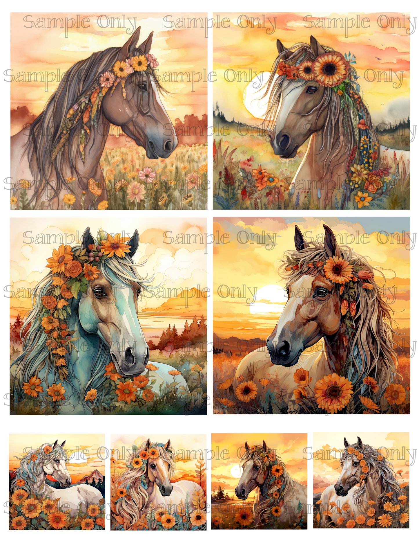 4 Inch Boho Floral Horse Image Sheet For Polymer Clay Transfer Decal DIGITAL FILE OR PRINTED