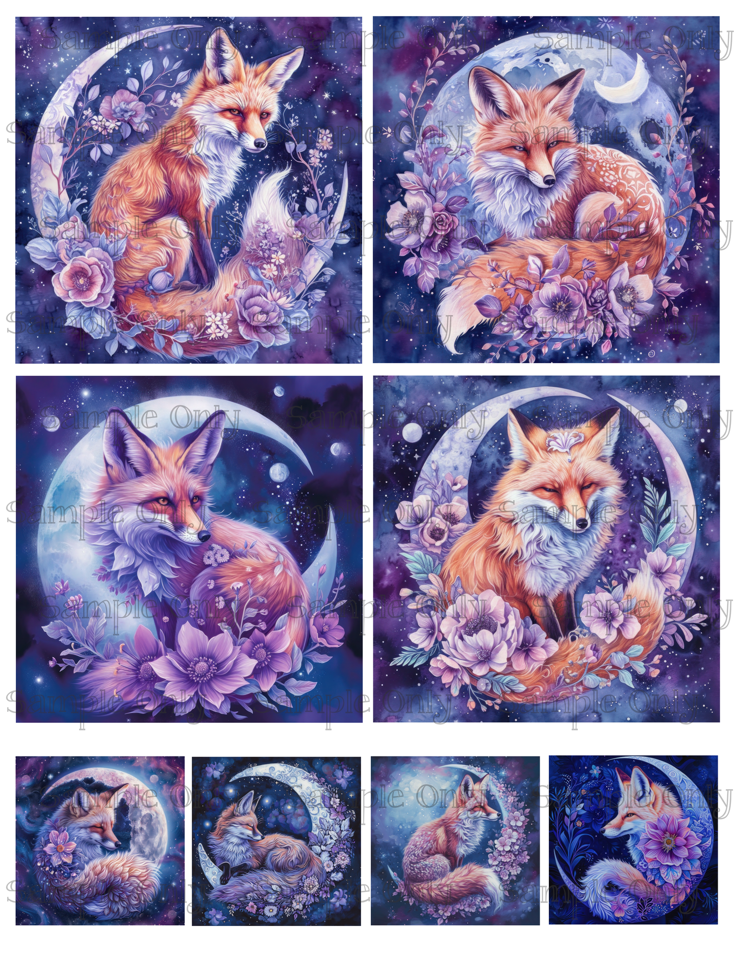 4 Inch Floral Moon Fox Image Sheet For Polymer Clay Transfer Decal DIGITAL FILE OR PRINTED