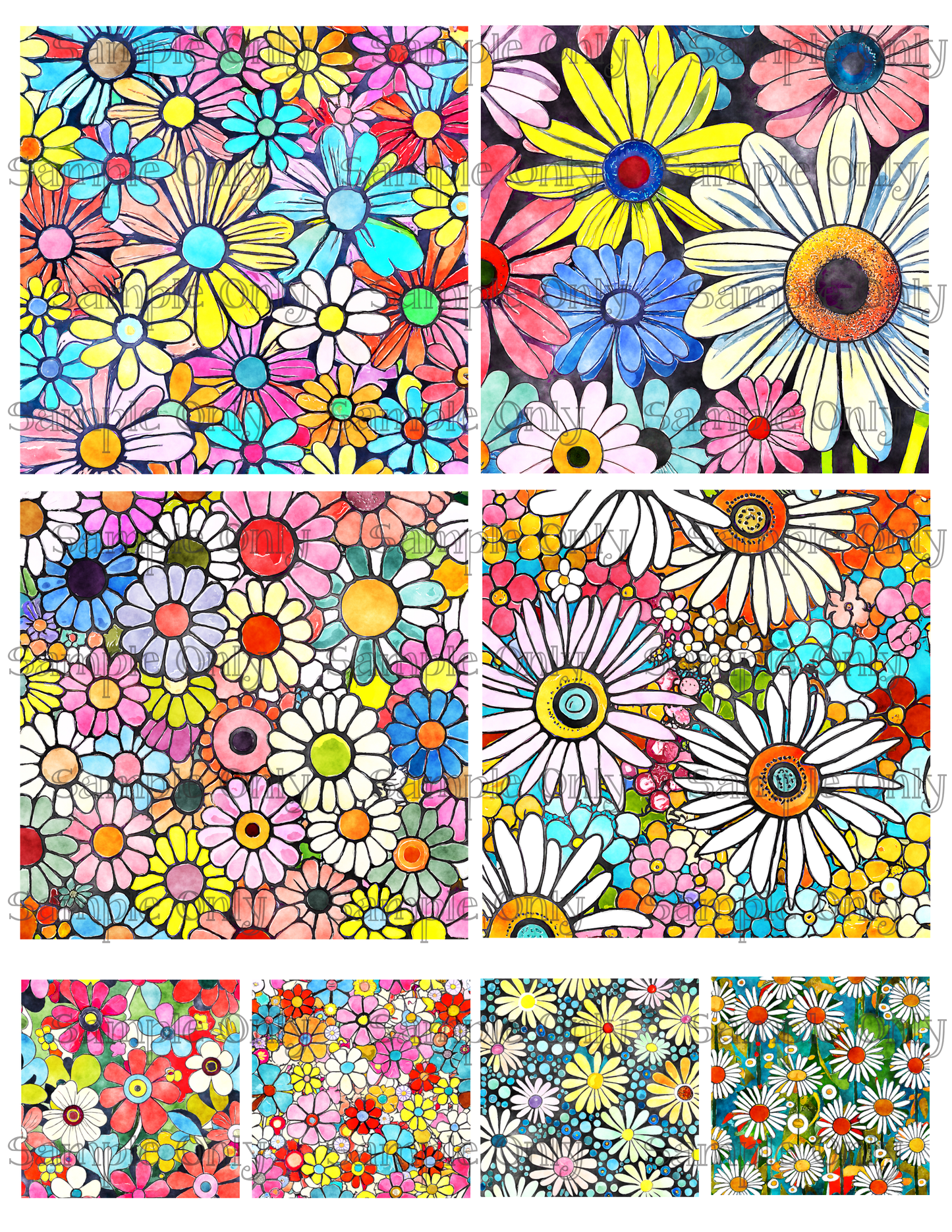 4 Inch Funky Retro Daisy Meadow Set-02 Image Sheet For Polymer Clay Transfer Decal DIGITAL FILE OR PRINTED