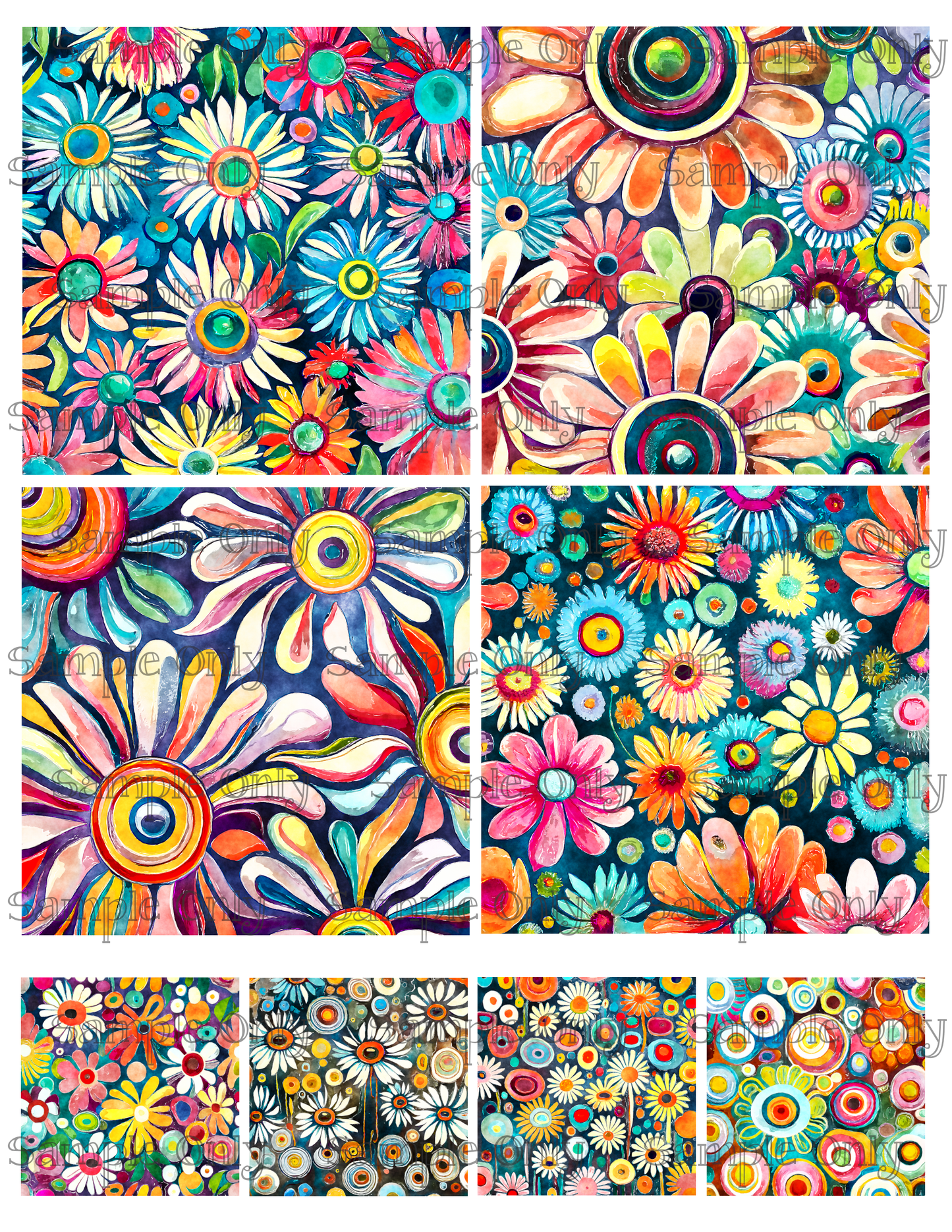 4 Inch Funky Retro Daisy Meadow Set-06 Image Sheet For Polymer Clay Transfer Decal DIGITAL FILE OR PRINTED