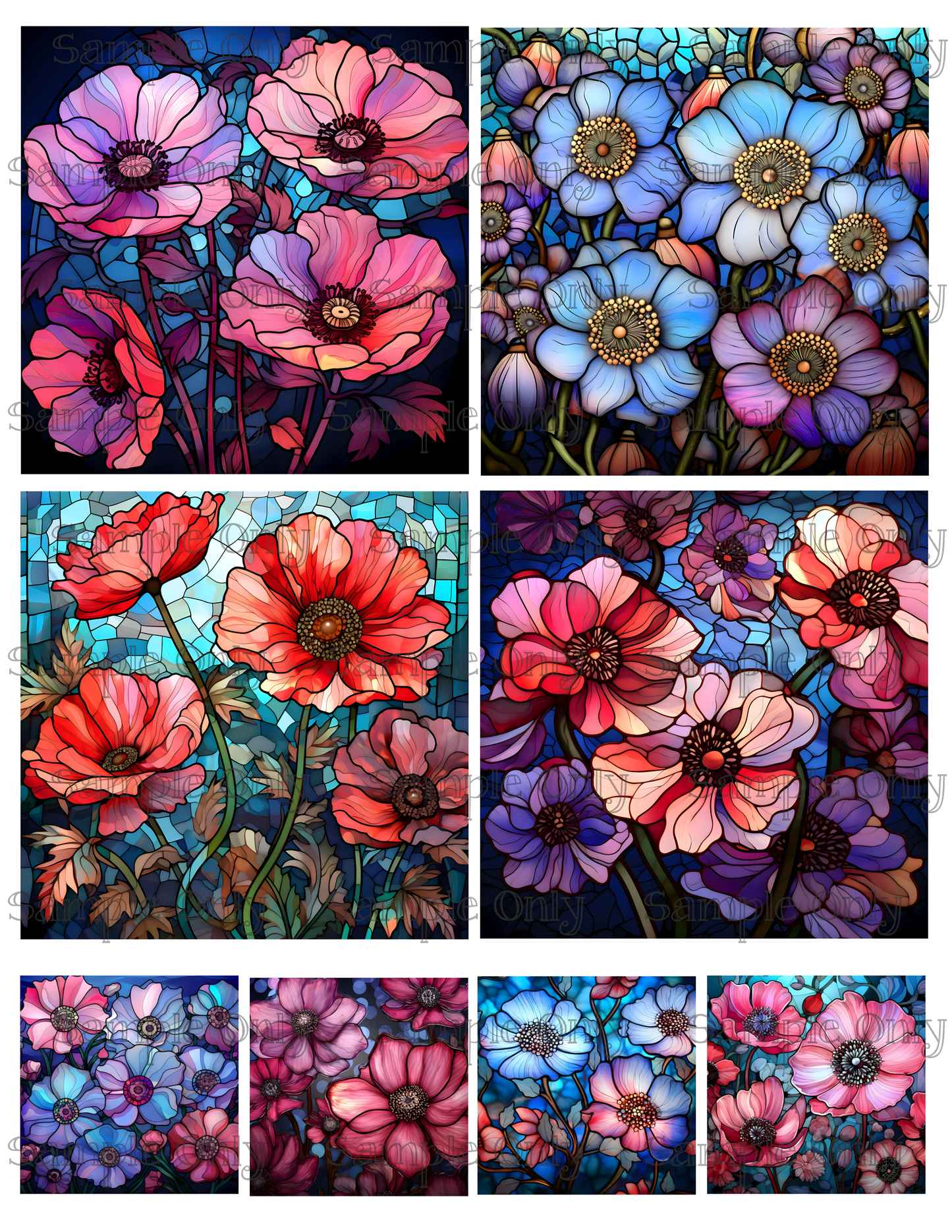 4 Inch Stained Glass Anemone Flower Image Sheet For Polymer Clay Transfer Decal DIGITAL FILE OR PRINTED