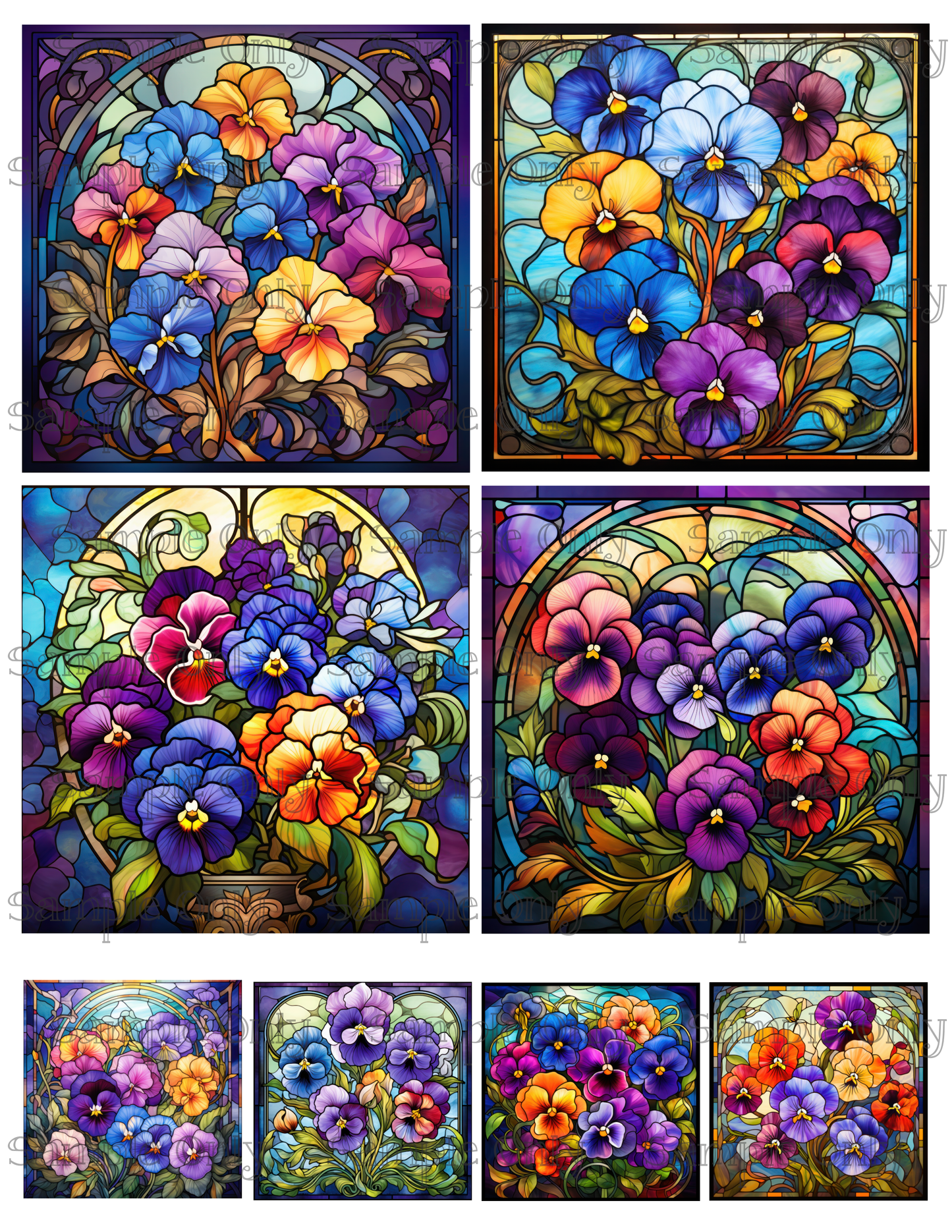 4 Inch Stained Glass Pansy Flower Image Sheet For Polymer Clay Transfer Decal DIGITAL FILE OR PRINTED