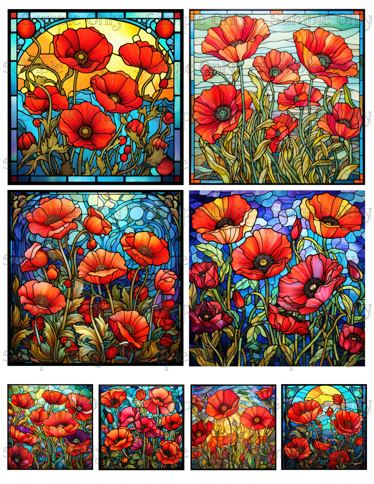 4 Inch Stained Glass Poppy Flower Image Sheet For Polymer Clay Transfer Decal DIGITAL FILE OR PRINTED