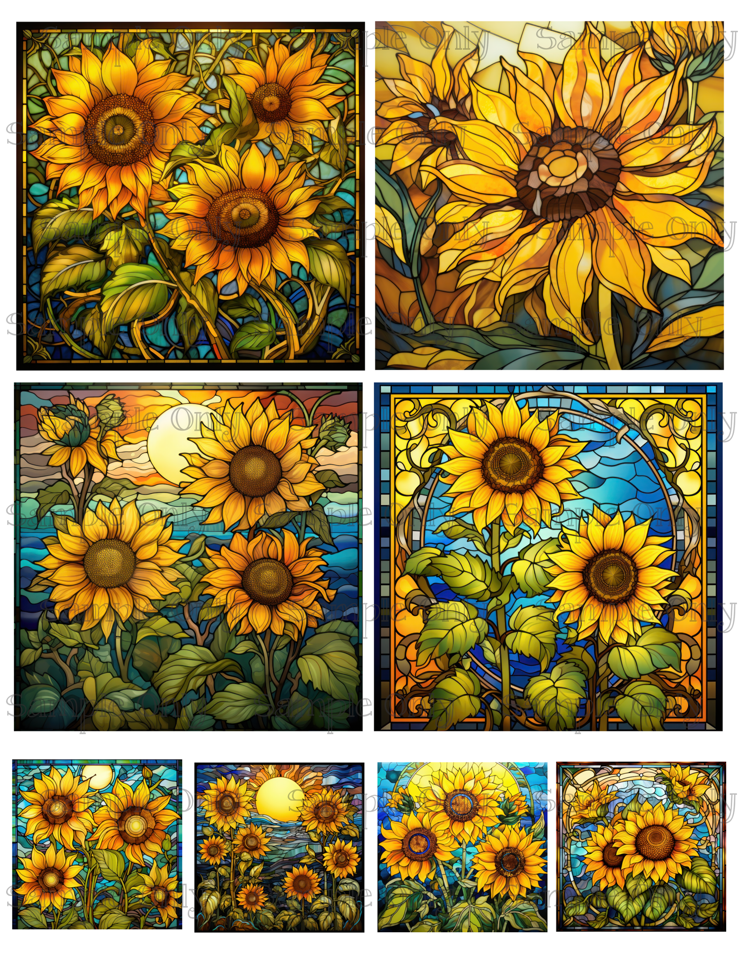 4 Inch Stained Glass Sunflower Flower Image Sheet For Polymer Clay Transfer Decal DIGITAL FILE OR PRINTED