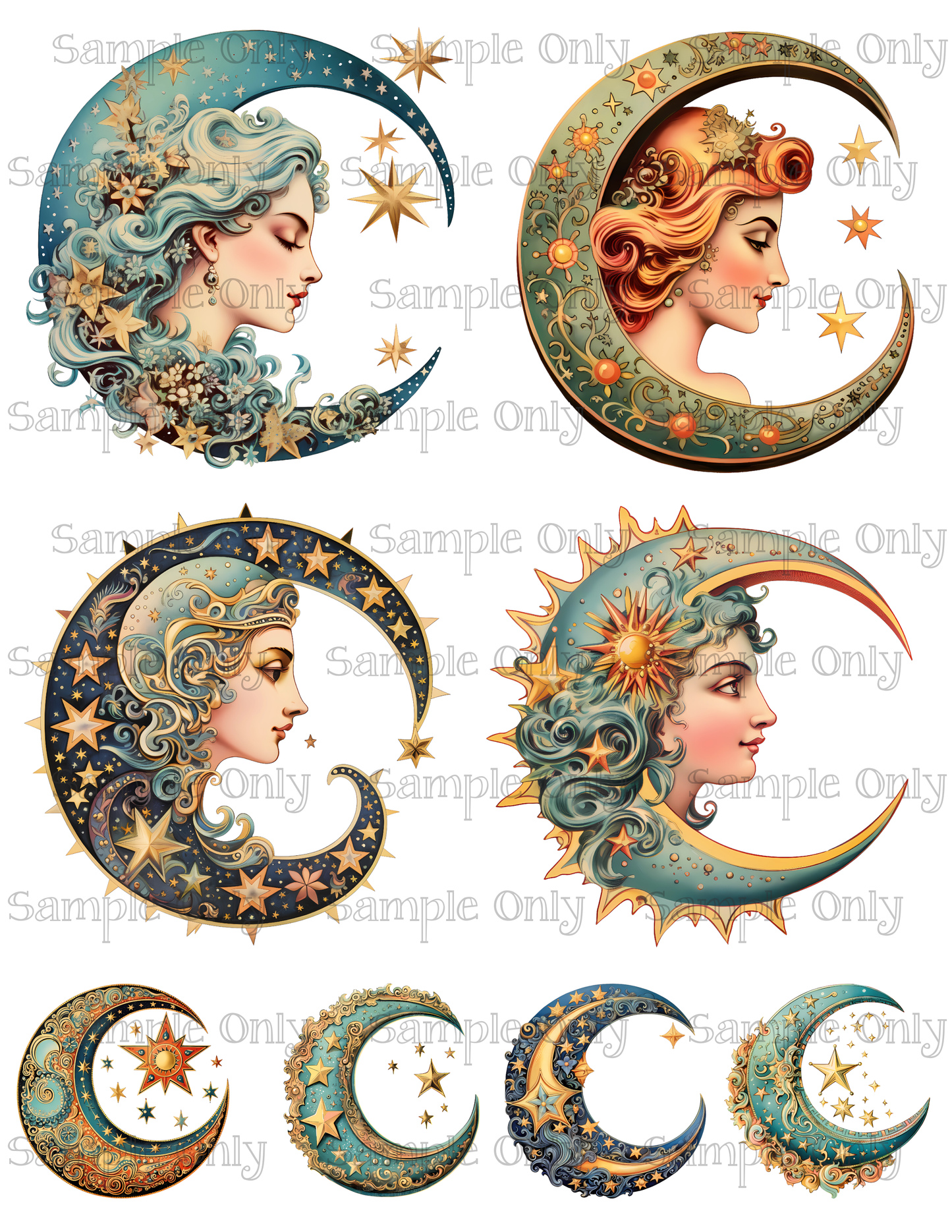 4 Inch Vintage Celestial Moon Goddess Image Sheet For Polymer Clay Transfer Decal DIGITAL FILE OR PRINTED