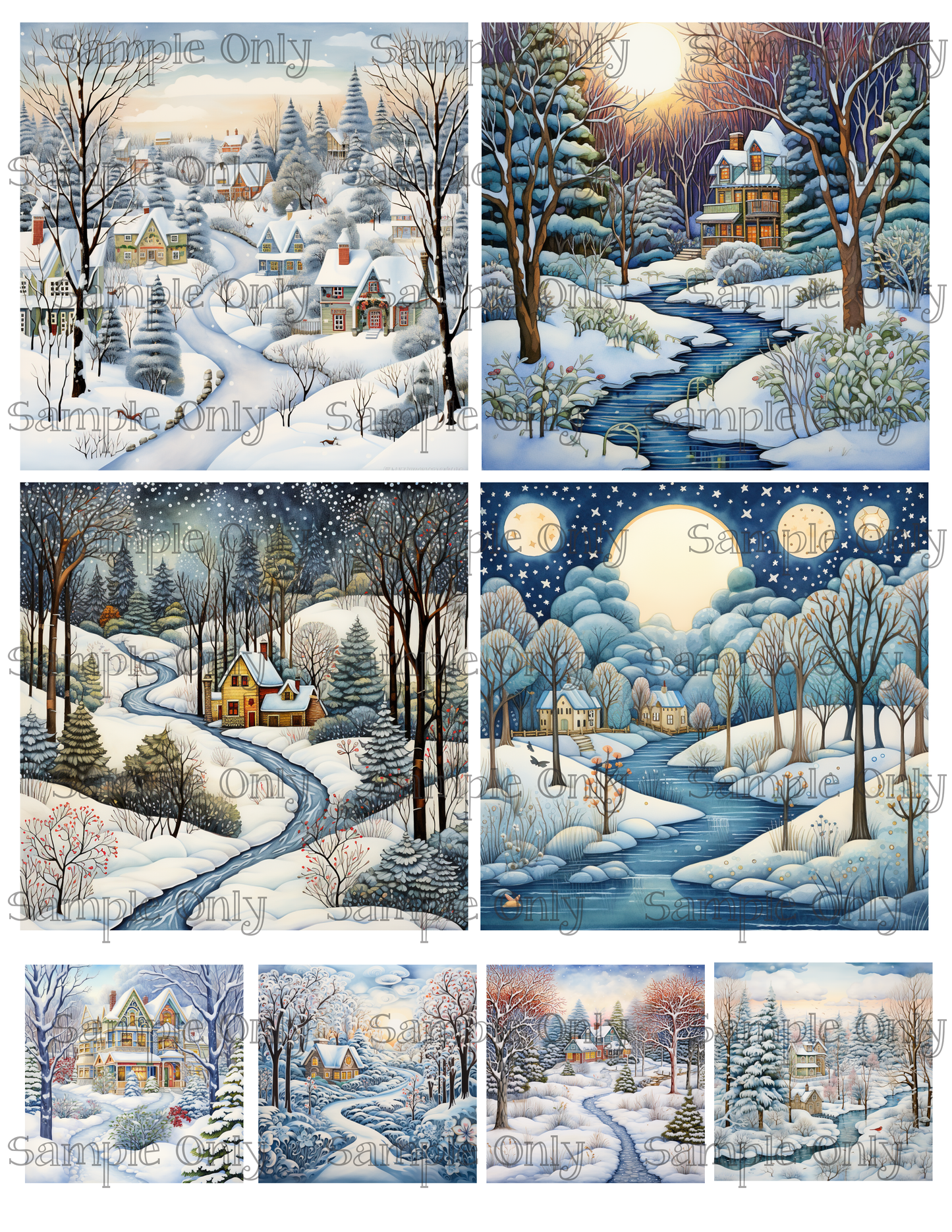 4 Inch Snowy Winter Landscape Set 07 Image Sheet For Polymer Clay Transfer Decal DIGITAL FILE OR PRINTED