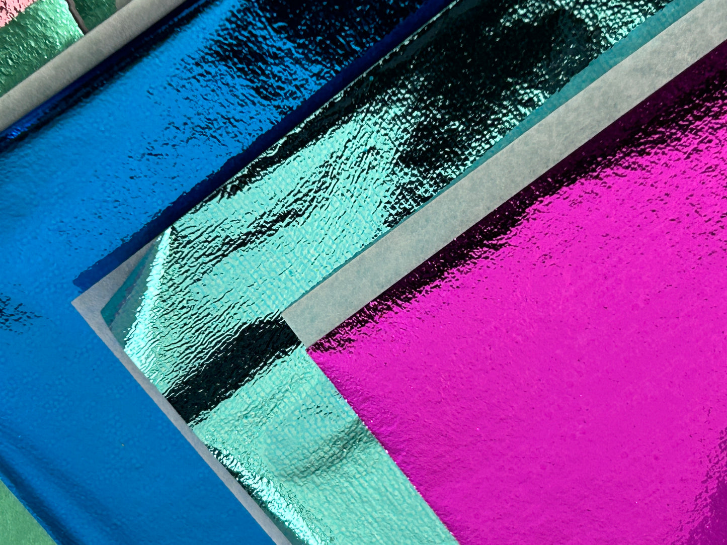 25 Sheets Of Metal Foil Leaf Sheets Spring Brights Fuchsia Sky Blue Green Deep Blue Lt Pink