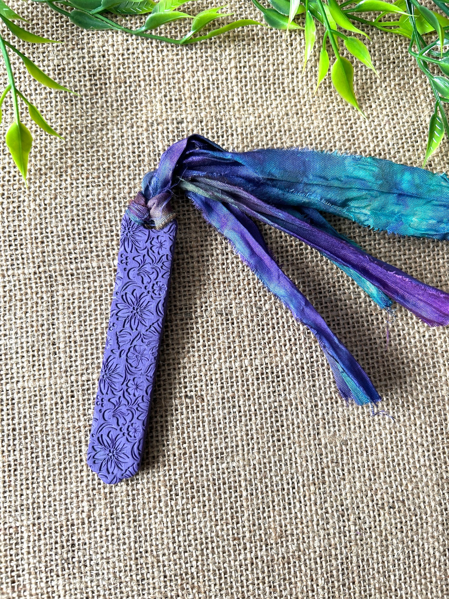 Violet Vine Flowers Polymer Clay Bookmark With Sari Silk Ribbon Tassel