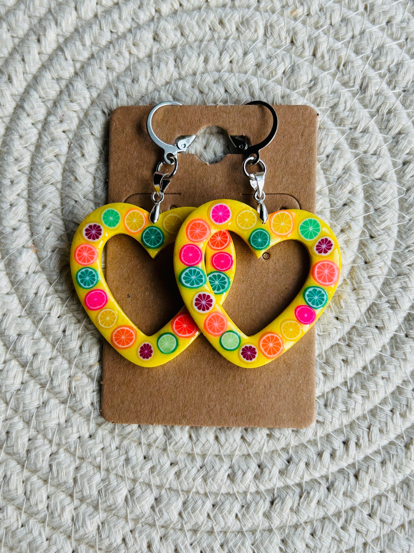 Fancy Fruit Statement Heart Dangle Earrings YOU CHOOSE FROM 6 COLORS