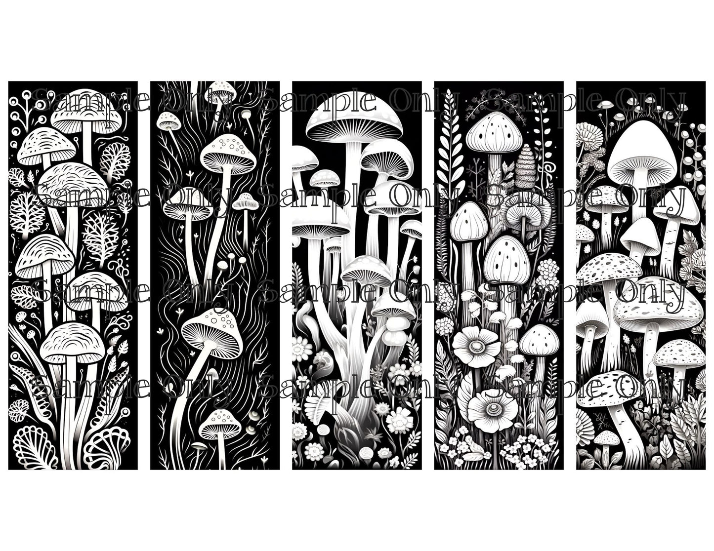 Monochromatic Mushrooms Bookmark Set 02 Printed Water Soluble Image Transfer Sheet For Polymer Clay