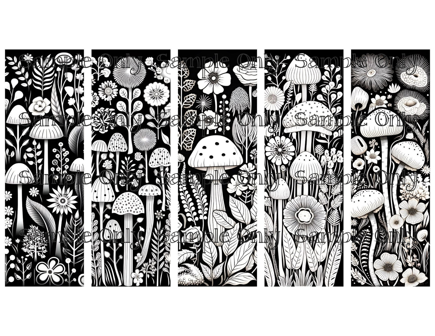 Monochromatic Mushrooms Bookmark Set 03 Printed Water Soluble Image Transfer Sheet For Polymer Clay