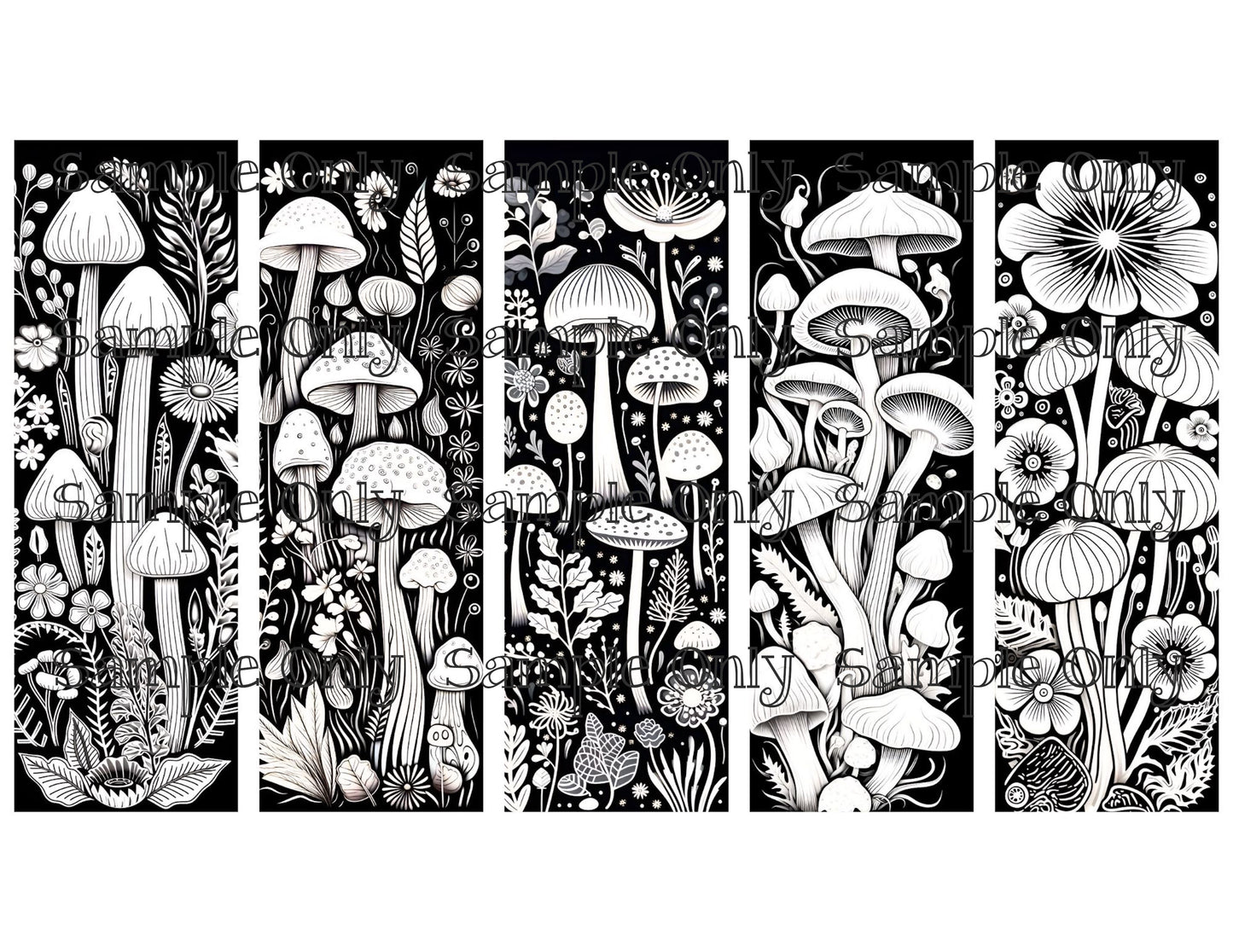 Monochromatic Mushrooms Bookmark Set 04 Printed Water Soluble Image Transfer Sheet For Polymer Clay