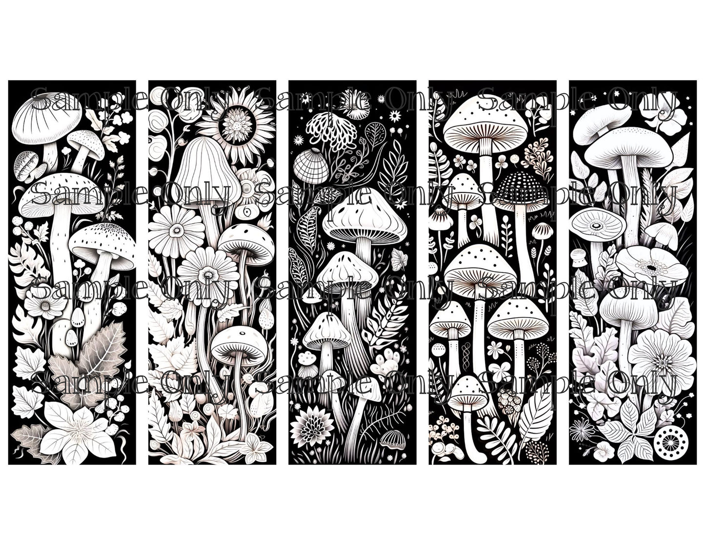 Monochromatic Mushrooms Bookmark Set 05 Printed Water Soluble Image Transfer Sheet For Polymer Clay